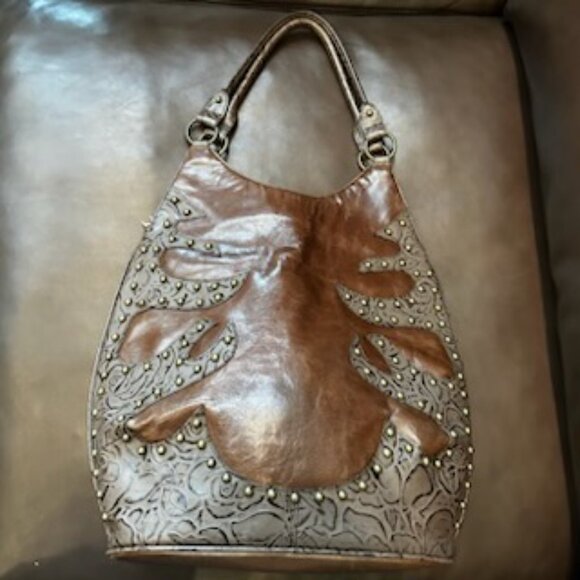 NWOT Charm & Luck Equestrian Style Brown Leather Brass Studded Purse Handbag - Picture 5 of 14